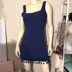 Elegant Navy Blue Dress with Tassel Hem